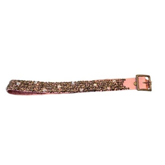 Vintage Pink Studded Leather Belt Rhinestones Gold Studs Glam Y2K Boho M/L - Picture 4 of 9